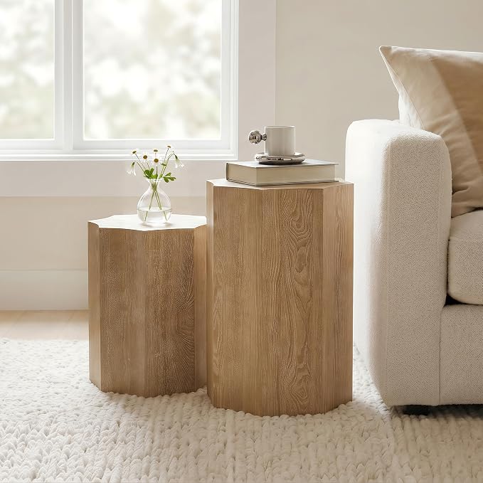 Nesting Coffee Table Set of 2,Modern Nesting Tables for Living Room,Octagonal End Table and Side Table Set,Wooden Center Table for Small Spaces,Plant Stand for Balcony,Fully Assembly,Natural Finish.