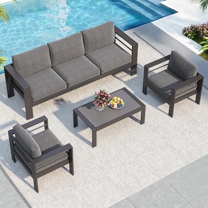 Solaste Aluminum Patio Furniture Set for All Weather, Oversized Metal Outdoor Furniture Set with 27.5" Deep Seating and 3.2" Wide Armrest, Outdoor Patio Conversation Sets with 10" Back Cushion, Gray