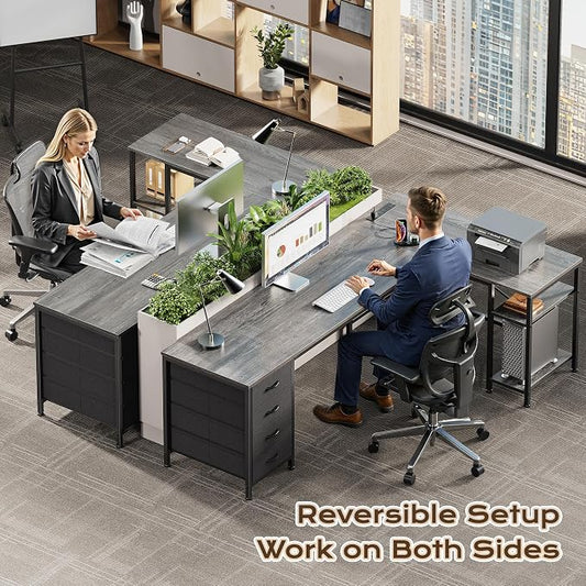 Huuger 63 Inch L Shaped Desk with Fabric Drawers, Reversible Computer Gaming Desk with Power Outlets and USB-C Port, Adjustable Side Storage Shelves, for Work Study Corner Home Office, Grey
