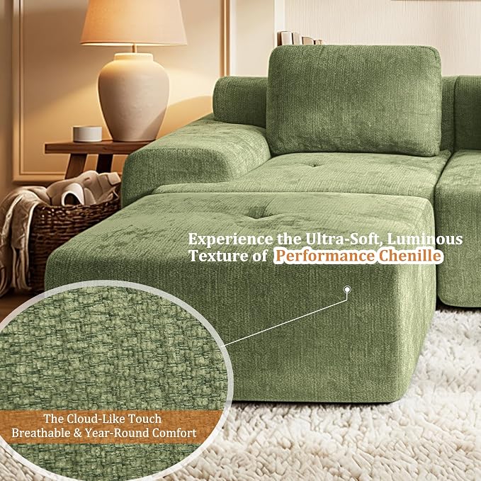 159" U Shaped Oversized Cloud Couch, Comfort Boneless Sectional Couches for Living Room, Modular Sofa High Back & Extra Deep Seat, No Assembly, Chenille(Olive Green, 159 inch-U Shaped(4+2))