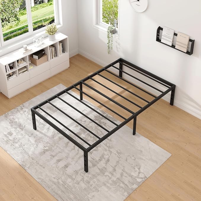 NEW JETO Metal Bed Frame,Twin Size Bed Frame with Storage Space,Heavy Duty Sturdy Mattress Foundation,Easy Assembly,No Box Spring Needed, Black,16 Inch,Twin