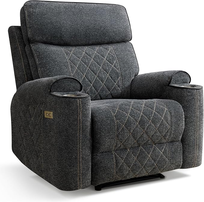 HAOMARKETS Electric Recliner Chair, Soft Fabric Power Recliners with Metal Cup Holders, Single Overstuffed Heavy Duty Reclining Sofa Chairs for Living Room Bedroom, Dark Grey