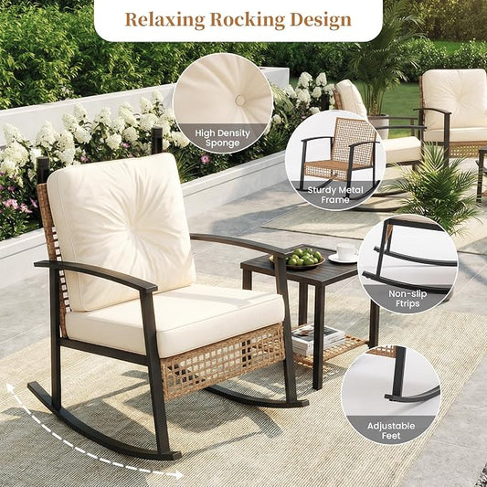 COSIEST 3-Piece Outdoor Rocking Chairs Bistro Set, Rattan Patio Furniture with Thick Warm Beige Cushions & 2-Tier Storage Coffee Table for Garden, Porch, Balcony,Backyard