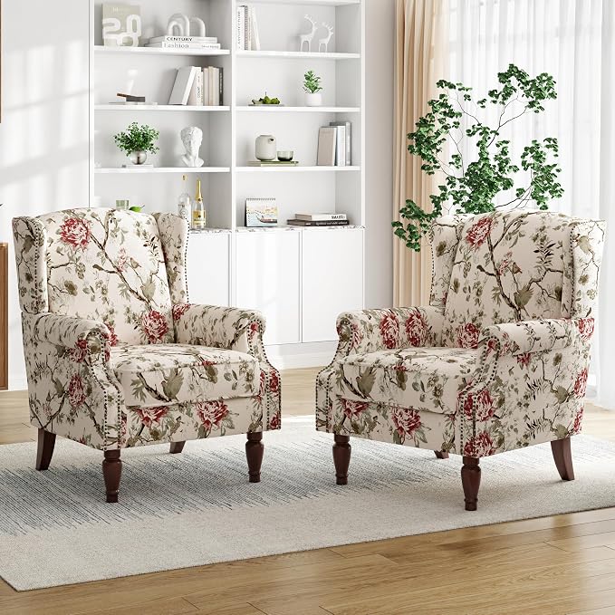 Pia Ricco High Back Floral Accent Chair - Retro Wingback Upholstered Armchair with Nailhead Trim, Solid Wood Legs, Fabric Living Room Bedroom Reading Chair (Flower Beige)