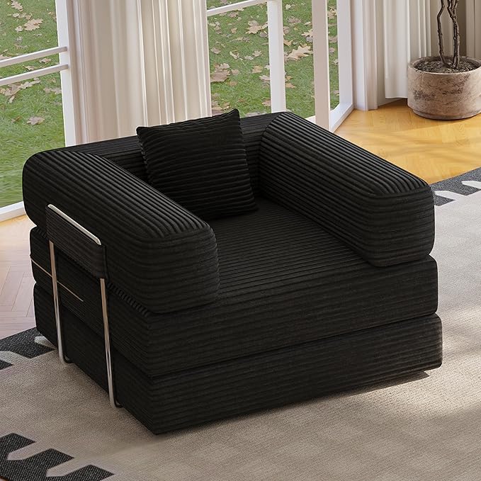 Single Couch Sofa for Small Spaces 2 in 1 Convertible Sleeper Sofa to Lounger Comfy Bean Bag Chair for Adults Removable Cover with Pillows for Bedroom, Apartment, Office, Black, 35.43" Single Sofa