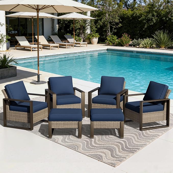 Joyside Outdoor Patio Chairs, 6 Pieces Wicker Rattan Furniture Set, 4 Patio Chairs and 2 Ottoman, Metal Wide Armrest, Thick Cushions and Deep Seating for Garden, Backyard, Porch, Deck