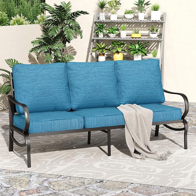 PHI VILLA Metal Patio Sofa with 5.75" Extra-Thick Waterproof Cushion, 3 Seater Deep Seat & High Back Outdoor Couch, All Weather Porch Furniture for Deck Backyard Front Porch Apartment,Peacock Blue