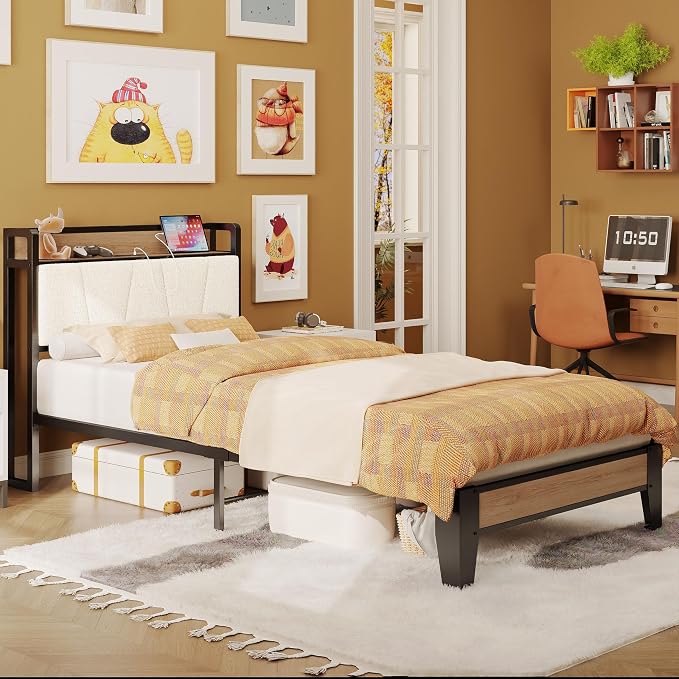 LIKIMIO Twin XL Bed Frames, Storage Headboard with Charging Station, Solid and Stable, Noise Free, No Box Spring Needed, Easy Assembly, Wood and Cream