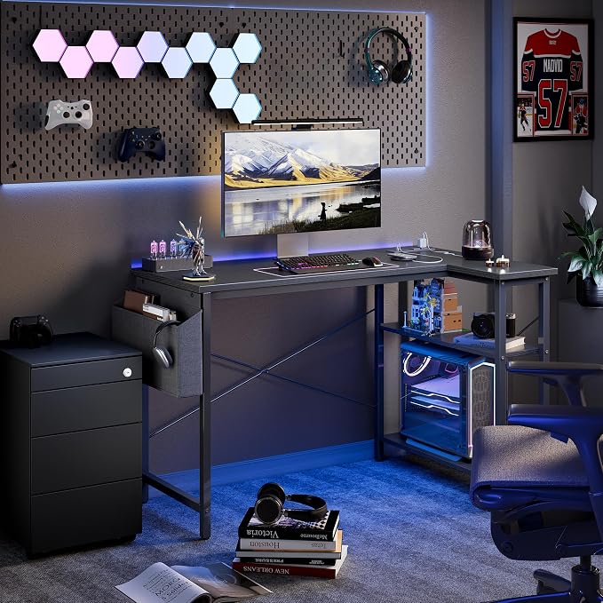 TIQLAB L Shaped Computer Desk with Power Outlets, 47 Inch Small Corner Desk with Reversible Shelves, Gaming Desk Computer Table Study Writing Table for Home Office Bedroom Small Space, Black