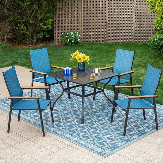 PHI VILLA 5 PCS Patio Dining Set, 4 Outdoor Aluminum Stackable Sling Chairs with Armrest & 1 Square Metal Dining Table with 1.57" Umbrella Hole, Outdoor Furniture for Deck Lawn Garden, Blue