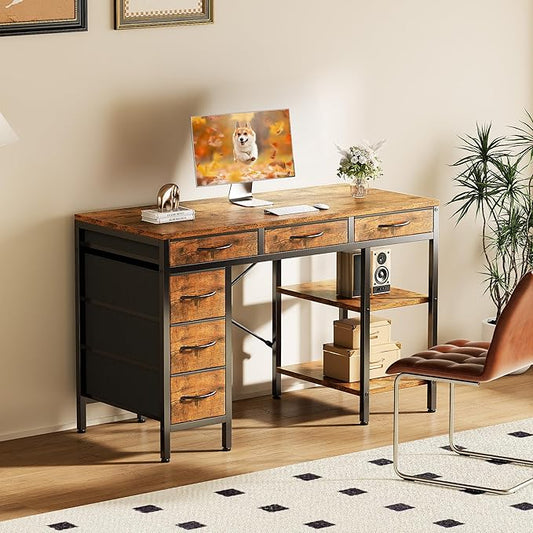 Sweetcrispy 47" Computer Desk with 6 Drawers, Home Office Gaming Desks with Storage Shelves for Bedroom, Writing Study Corner Living Room Work Table Rustic Brown