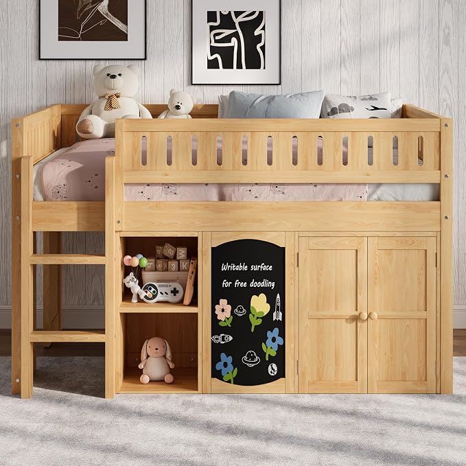 Full Size Loft Bed with Storage Cabinet & Chalkboard Panel, Wood Loft Bed Frame, Space-Saving Design, Natural