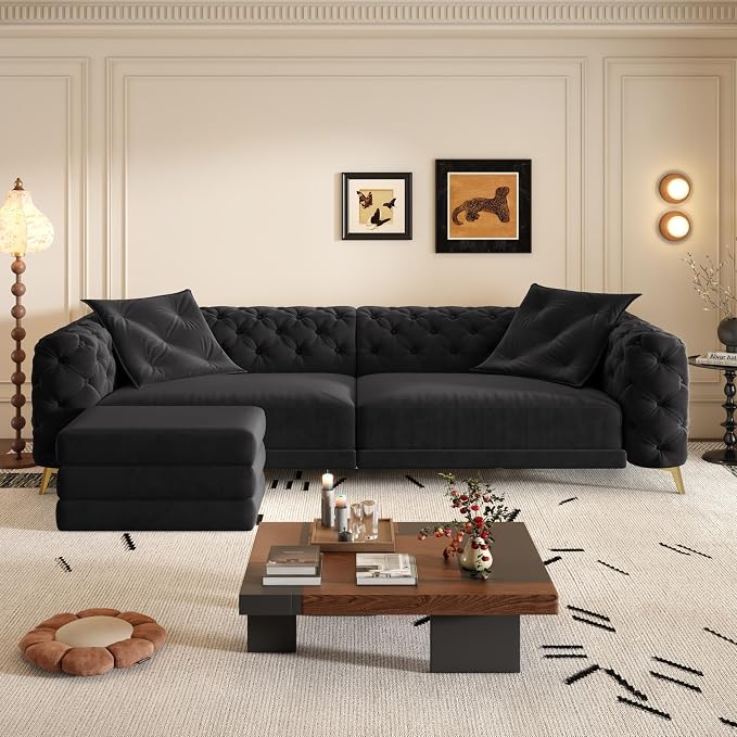 97.7" Convertible Queen Sleeper Sofa with Ottoman - Button Tufted Pull Out Sofa Bed, Velvet King Size Couch Bed & Vintage Deep Seat 4-Seater Couch for Small Spaces, Apartment & Living Room, Black | Button Tufted