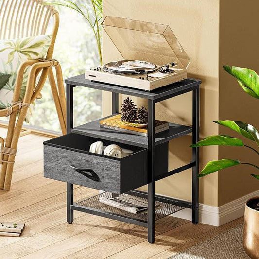 Huuger Nightstand Set of 2, Night Stand with Fabric Drawer, Mesh Shelf, Side Table with Storage, Fabric Drawer Dresser, Open Shelf, Metal Frame, Bedroom, Grey