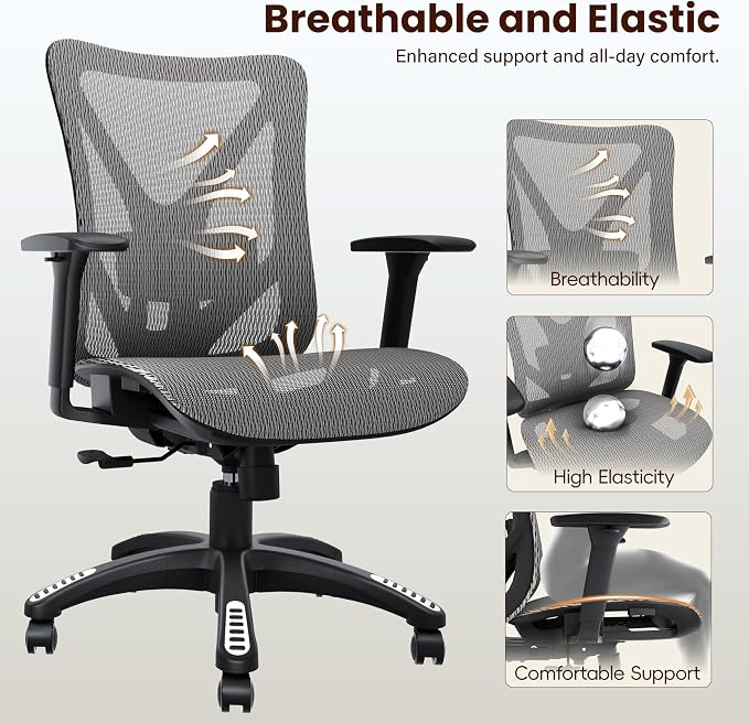 Ergonomic Office Chair, Mesh Computer Desk Chairs with Adjustable Lumbar Support, 3D Armrest, Tilt Function, Comfy Wide Seat, Executive Work Task Chair for Company & Home, Gaming Chair (Grey)
