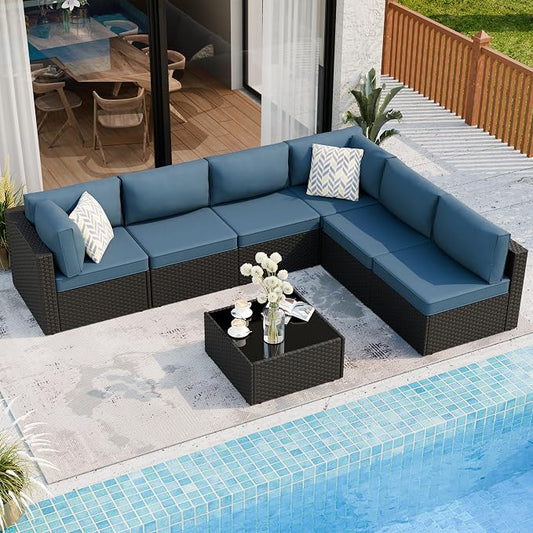 7 Pieces Outdoor Patio Sectional Sofa Couch, Wicker Furniture Patio Conversation Sets with Washable Cushions & Coffee Table for Garden, Poolside, Backyard