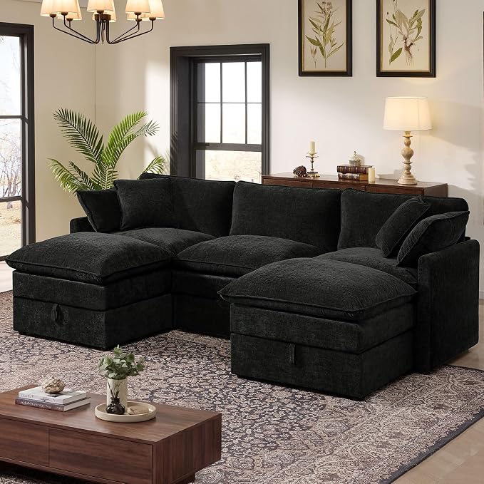 Ihanherry 103” Modular Sectional Sofa with Storage, U Shaped Cloud Couch with Movable Ottomans & 4 Pillows, Chenille Deep Seat Sectional Couches for Living Room, Apartment (Black)