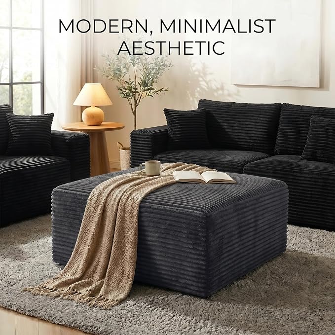 Oversized Boneless Ottoman for Living Room – Plush Square Corduroy Upholstered Couch Ottoman, Modern Low-Profile Footrest for Sectional & Modular Sofa-Black