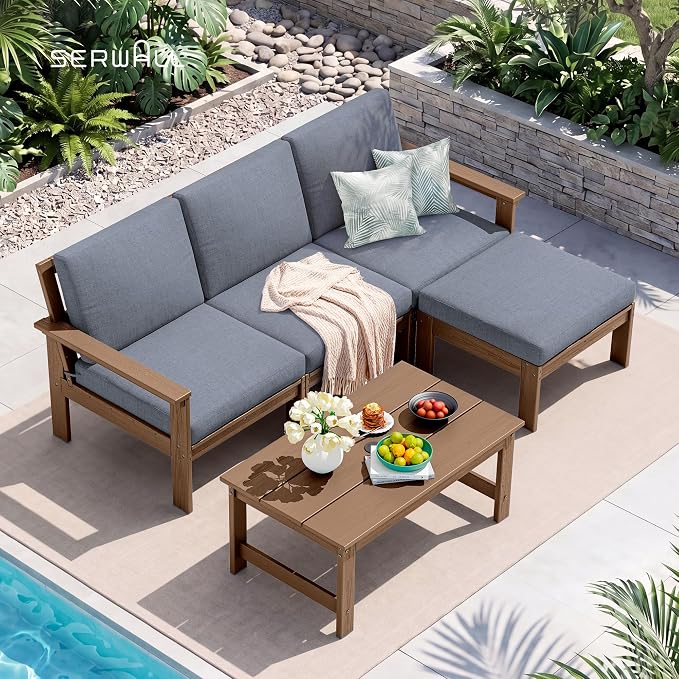SERWALL Outdoor Ottoman with Cushions for Sofa Set, Brown HDPE Frame with Gray Cushions