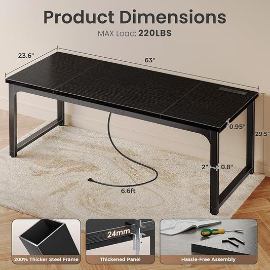 Huuger 63 x 24 inch Desk with Power Outlets & USB-C, Deeper & Thicker Desktop, Robust Metal Tubes, Computer Desk, Heavy Duty Office Desk, Work Gaming Desk, for Home Office, Black