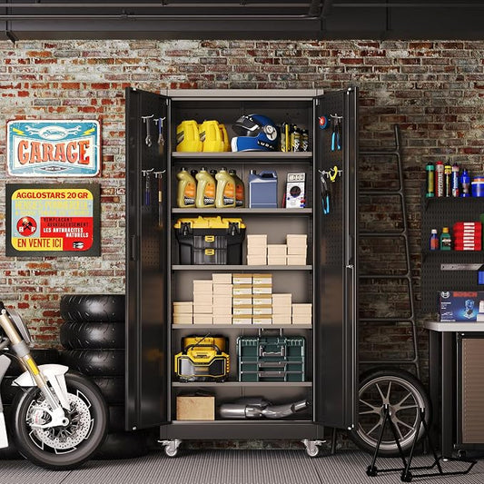 Reemoon 71" H Garage Storage Cabinets with 5 Adjustable Shelves and Door Pegboard,Metal Storage Cabinets with Wheels for Garage Home,Required Assembly,Black