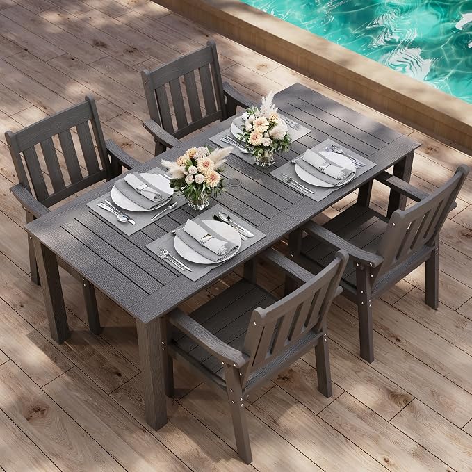 YEFU HIPS Patio Table Set: 5 Piece Outdoor Table and Chairs Dining Furniture Set with Umbrella Hole - Gray Modern Plastic Dining Sets 4 Person for Outside Deck with Metal Aluminum Frame