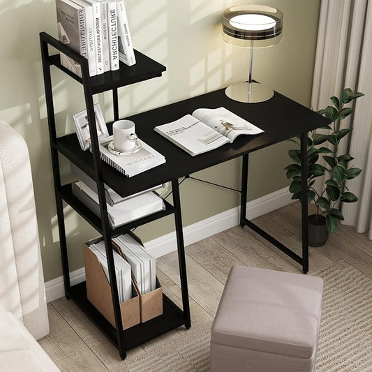 Tangkula Computer Desk with Shelves, Space Saving Home Office Desk with 3-Tier Ladder Shaped Storage Bookshelf, Modern Writing Study Desk with Metal Frame, Compact Computer Workstation (Black)
