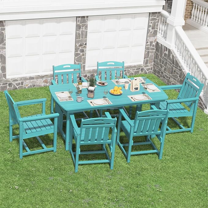 HDPE Outdoor Dining Set, Patio Table and Chairs Set, All-Weather 7-Piece Outside Table and 6 Chairs, 2" Umbrella Hole, Outdoor Furniture for Garden, Poolside, Backyard, Deck | Lake Blue