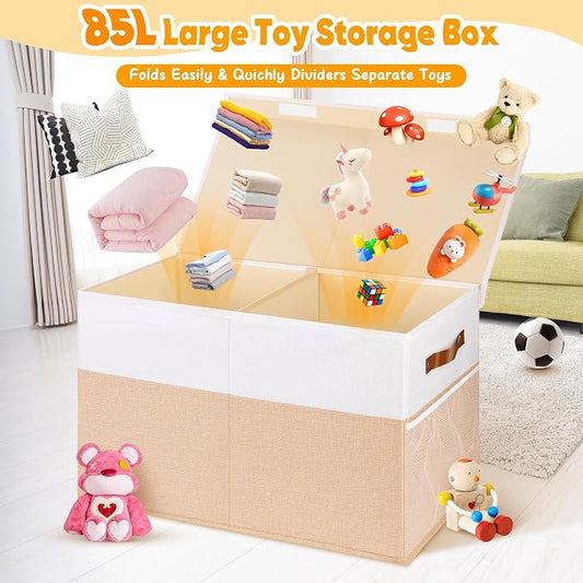 Mabahoo Large Toy Box, Collapsible Sturdy Storage Chest With Lids, Kids Toy Chest Storage Organizer Toddler Bin Boxes for Living Room, Bedroom, Nursery, 25"x13"x16", Beige & White
