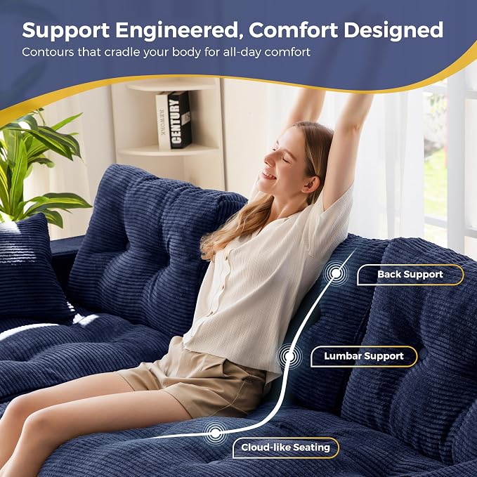 MAXYOYO 104" L Shaped Modular Sectional Sofa with Ottoman, Tufted Boneless Couch with Layered Cushion, Upholstered Flexible Module Combination Sofa for Living Room, No Assembly, Navy