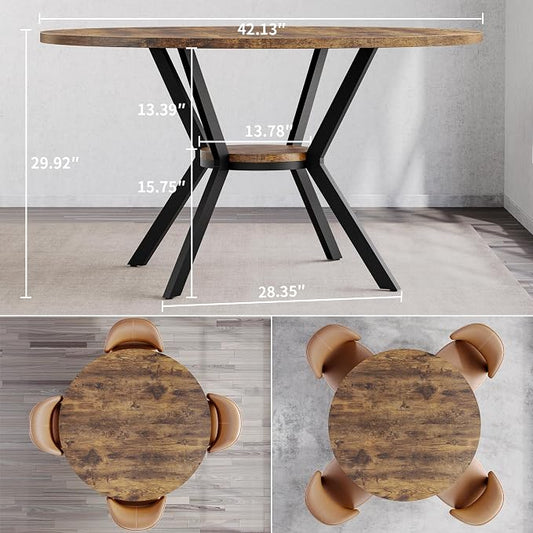 MECHYIN Round Dining Table for 2-4, 42 Inch Wood Kitchen & Dining Room Tables with Storage, Circle Dinner Table with Metal Legs, Space Saving Small Table for Dining Room, Kitchen, Rustic Brown