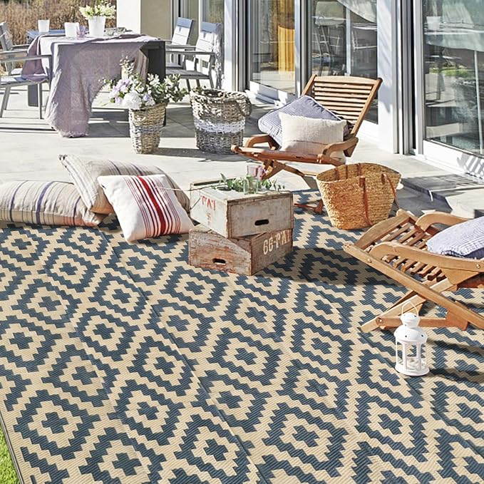 SAND MINE Reversible Mats, Plastic Straw Rug, Modern Area Rug, Large Floor Mat and Rug for Outdoors, RV, Patio, Backyard, Deck, Picnic, Beach, Trailer, Camping (8' x 10', Grey Tan Lattice)