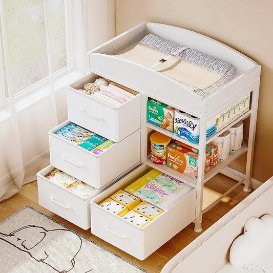 Homeiju Baby Changing Table with 4 Drawers and 2 Shelves - Baby Dresser with Changing Table Top Diaper Changing Station with Storage for Nursery Modern, White