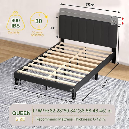 Queen Size Bed Frame with Headboard, Platform Bed with Soft Velvet Upholstered Headboard | Wooden Slats Support | Adjustable Height | No Box Spring Needed, Queen Bed Frame Black