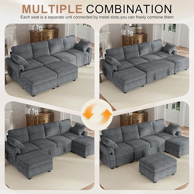 Hanherry 104" Sectional Sofa with Pull Out Couch Bed,Corduroy Sleeper Sofa with Storage Ottoman & USB Charging,Comfy L Shaped Modular Couches for Living Room,Apartment