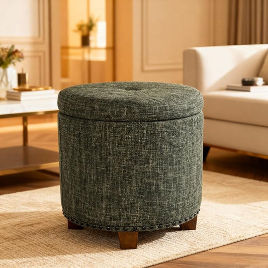 HomePop 18.5" Round Storage Ottoman with Nailheads - Green Clover Fabric