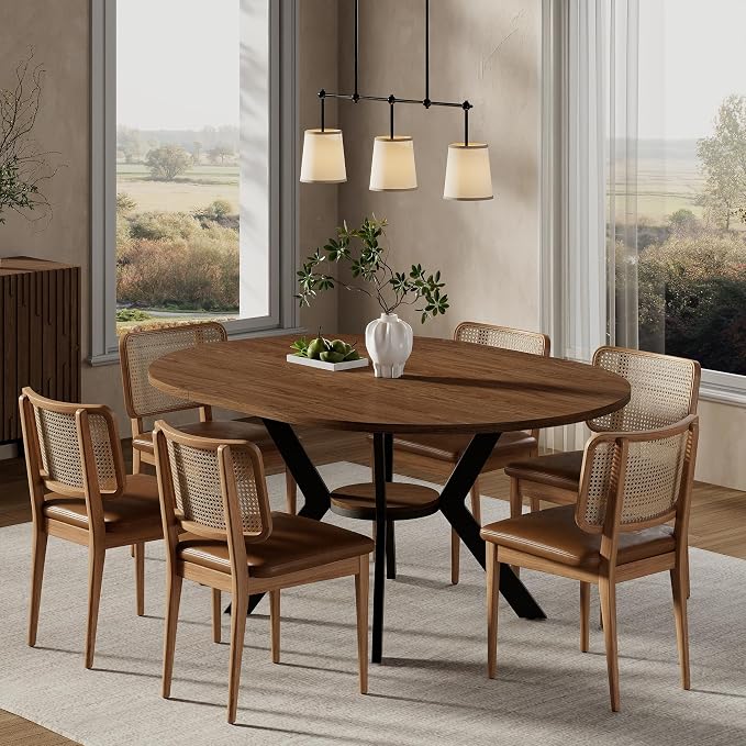 42"-58" Extendable Round Dining Table for 4-6, Kitchen Oval Table with Hidden Leaves & Storage Shelf, Space Saving Modern Design with Sturdy Metal Legs for Kitchen, Dining Room & Small Apartments