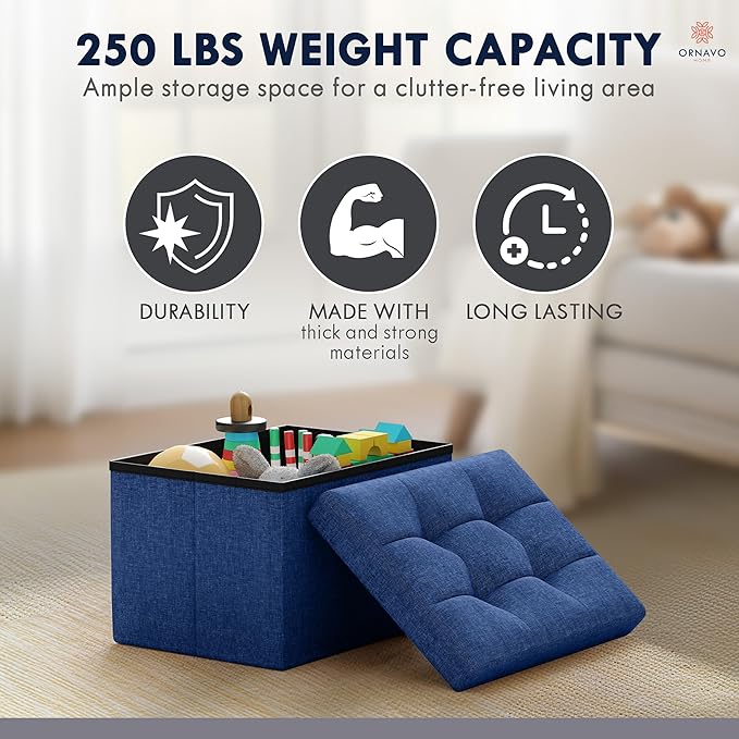 Ornavo Home Small Storage Ottoman, Set of 2, Foldable Collapsible Rectangle Linen Ottoman Foot Rest Stool Seat, for Living Room, Bedroom, Home Office, Dorm - 12 x 16 x 12, Navy Blue