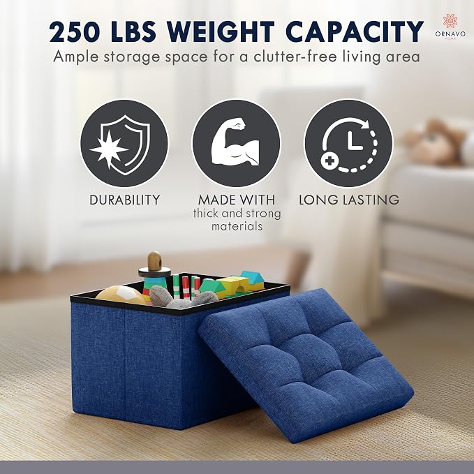 Ornavo Home Small Storage Ottoman Foldable Collapsible Rectangle Linen Ottoman Foot Rest Stool Seat, for Living Room, Bedroom, Home Office, Dorm - 12 x 16 x 12, Navy Blue