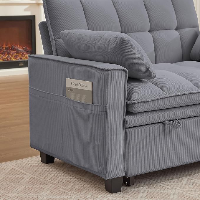 Sleeper Sofa with Pull Out Couch Bed, 48.43" Convertible Pull-Out Sofa Bed Chair, 3-in-1 Futon Couch with Reclining Backrest and Side Pockets for Living Room Bedroom Apartment, Light Grey