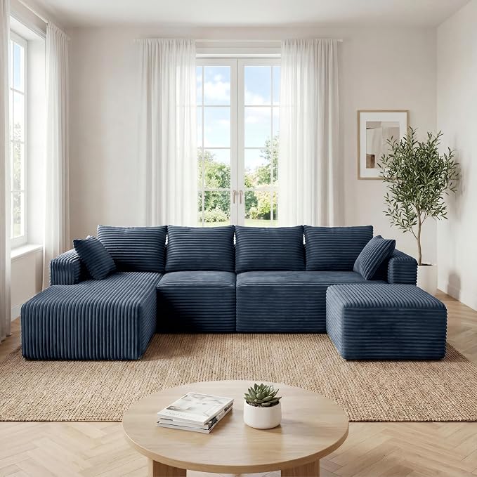 118" Modular Sectional Sofa with Chaise and Ottoman,Oversized U-Shaped Corduroy Cloud Couch,Deep Seat Boneless Couch for Living Room,No-Assembly,Blue (Left Facing Chaise)