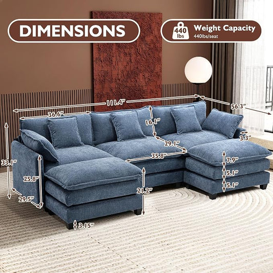 Ihanherry 111.4" U Shaped Modern Sofa Modular Sectional Cloud Couch with 2 Ottoman, 5-Seat Chenille Deep Seat Sofa with Pillow for Living Room, Bedroom and Apartment, Blue