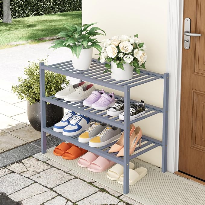 Smiry Bamboo Shoe Rack, 3 Tier Free Standing Wooden Shoe Organizer, Stackable Wood Shoe Storage Shelf for Closet, Entryway, 14 Vertical Slats, 2+1 Stack Heavy-Duty Legs, 26.8"x11"x19.5", Grey