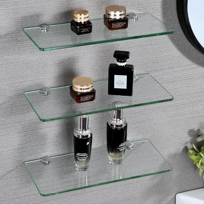 SAYAYO Glass Floating Shelves for Wall, Tempered Glass Shelves for Bathroom, Living Room, Bedroom, Office, Toilet, Kitchen Decor, 12Inch Set of 3, Clear