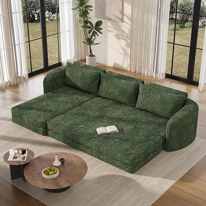 Vesgantti 110.2" Modular Sectional Sofa with Curved Armrest, 6 in 1 Convertible Folding Sleeper Sofa Bed, Chenille Boneless Couch for Living Room, No Assembly Required, Green, Left Facing Chaise