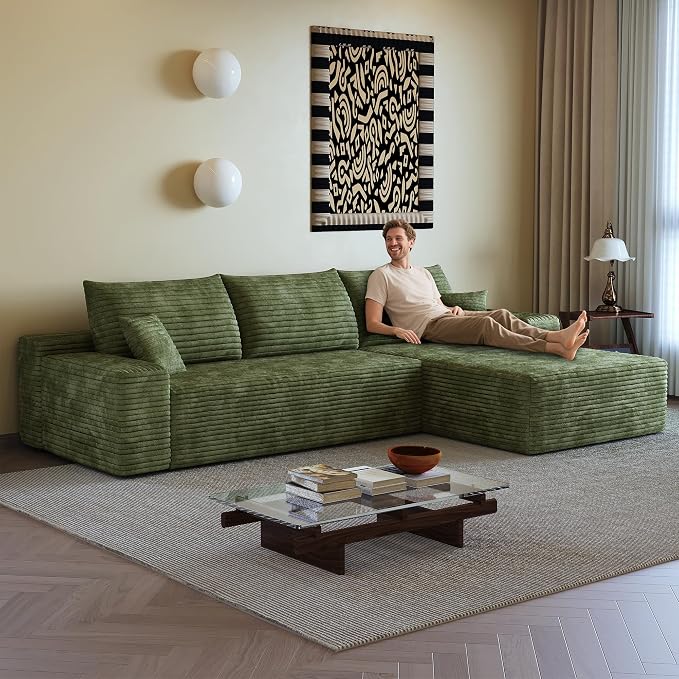 AUGOP 108" Sectional Couches for Living Room Modern Modular Sofa with L-Shape Couchs Upholstered Boneless Couch Deep Seat Sectional Couch with Chaise (Green, 108" Right Facing Chaise+2Seaters)