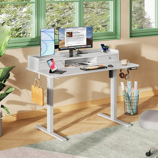 DEVAISE 48 Inch Electric Standing Desk with Shelf, Adjustable Computer Desk for Home Office, with LED Touchscreen,Headphone Hook, 3 Memory Preset, with One-Piece Desktop, White