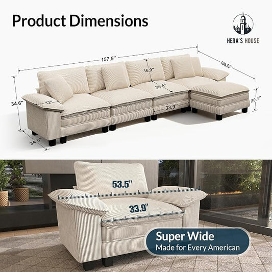 HERA'S HOUSE 158" Oversized Modular Sectional Sofa, Comfy L Shaped Couches for Living Room, Cloud Couch with Ottoman, 5-Seater Deep Seat Sofa with Throw Pillow, Corduroy Beige
