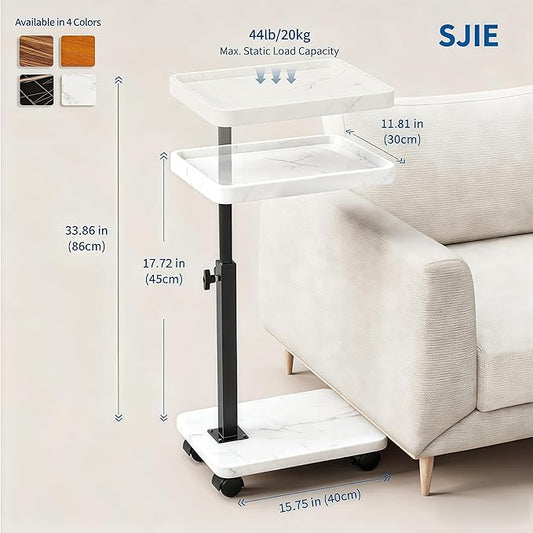C Table End Table Adjustable Height, 360°Swivel TV Tray Table for Small Spaces, Side Tables with Wheels for Living Room and Bedroom, Bed (White)