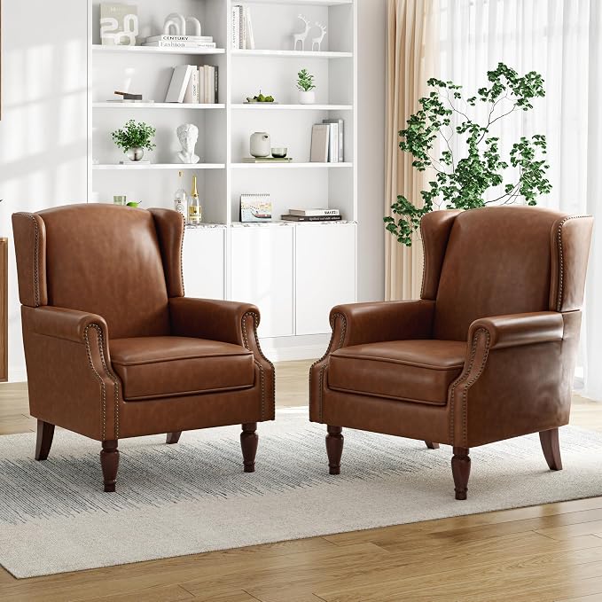 Pia Ricco High Back Floral Accent Chair - Retro Wingback Upholstered Armchair in Faux Leather, Nailhead Trim & Solid Wood Legs for Living Room Bedroom Reading Chair(Brown